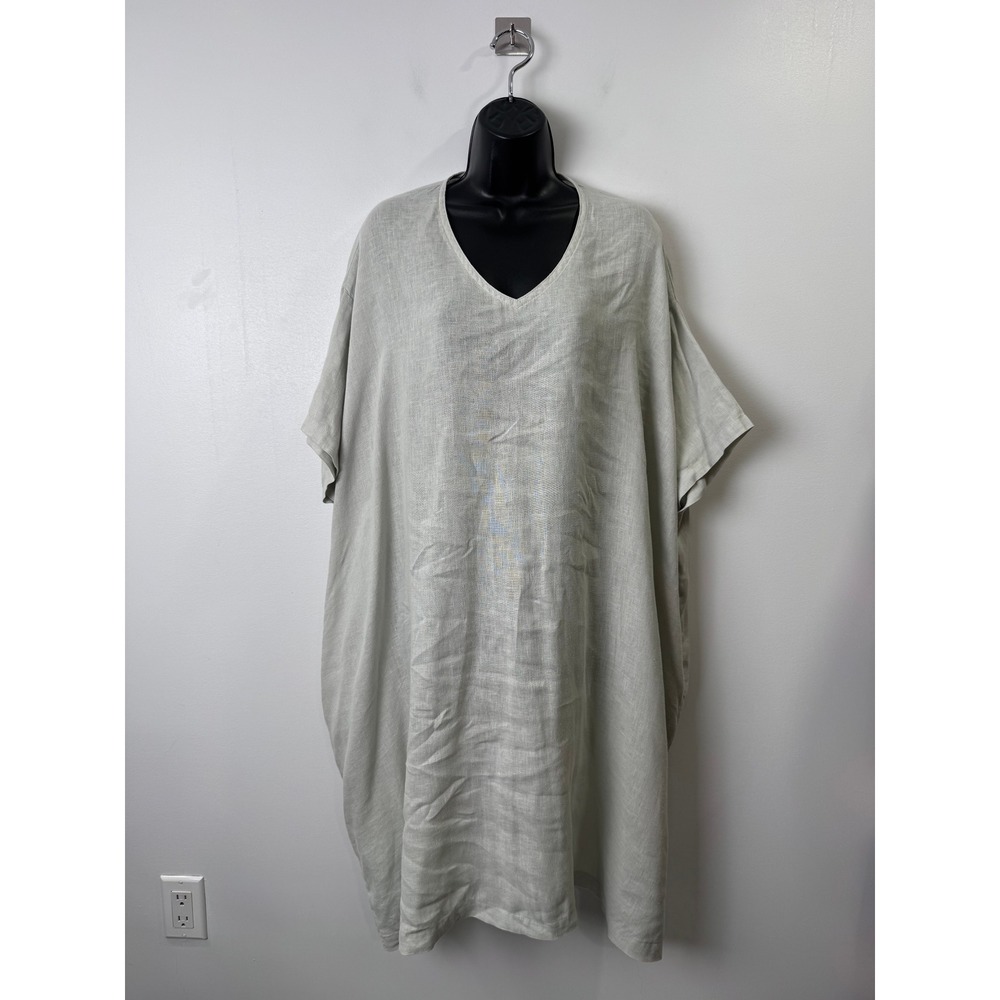 Black Crane Women Grey Linen V-Neck Oversized Kaftan Midi Dress XS